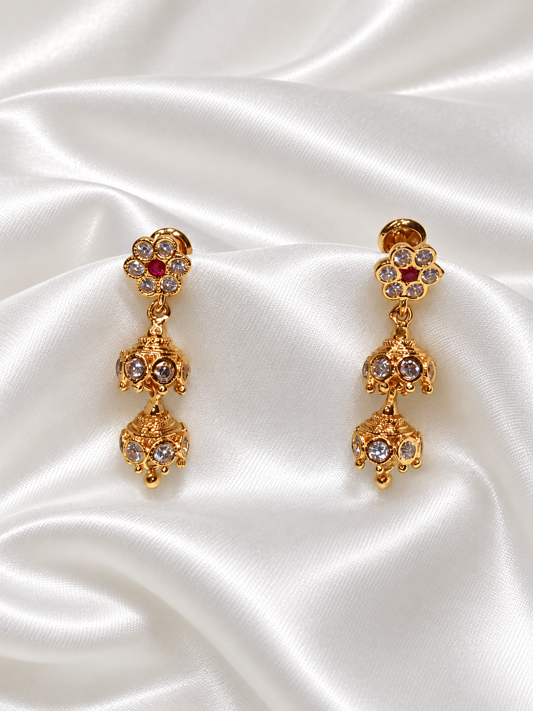 earrings_white_satin Panchaloha double-step jhumka - Image 1