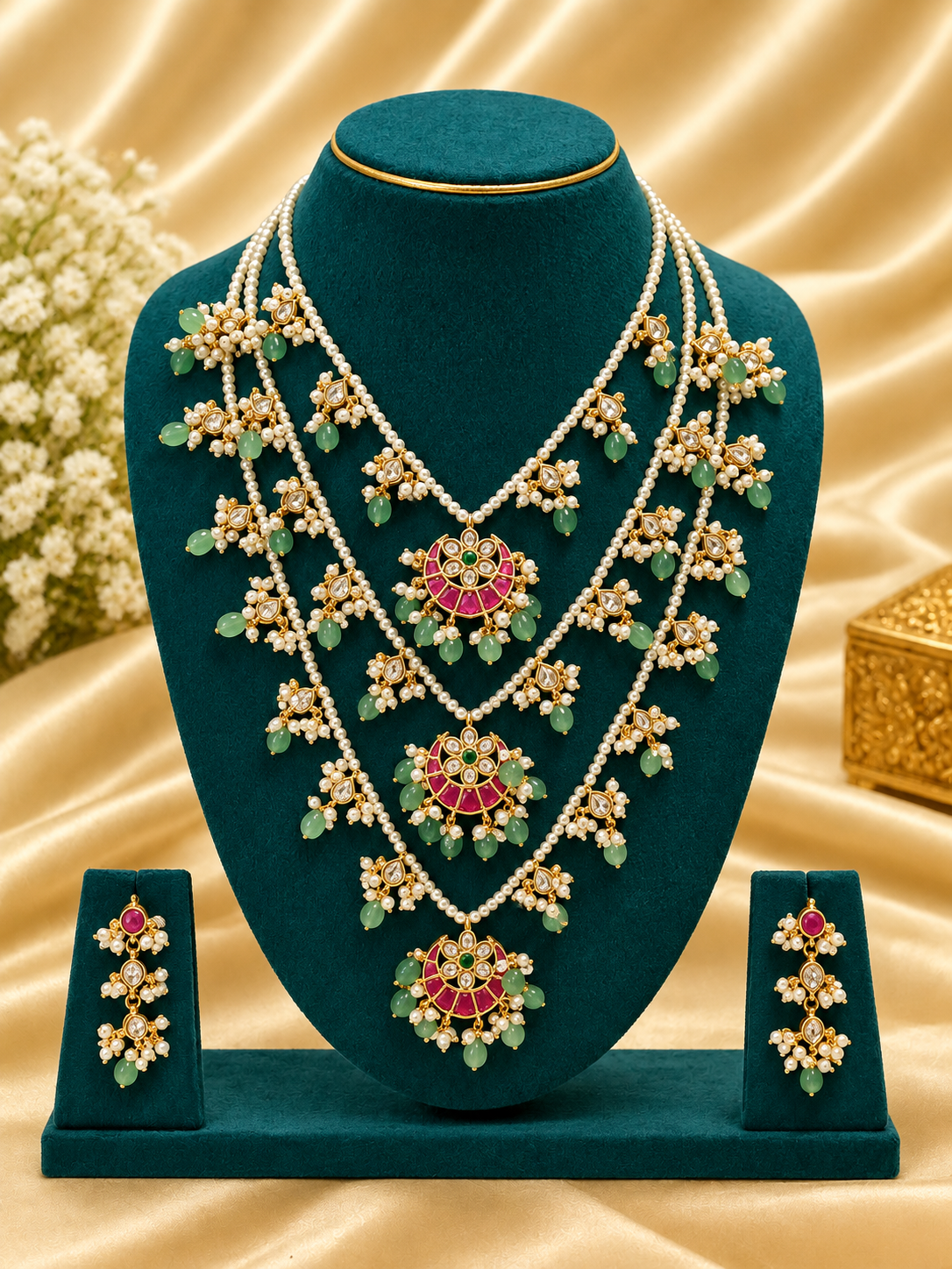 file_0000000095288246bcec279d130a2955 Hyderabad Jadau kundan three layered neclace set - Image 1